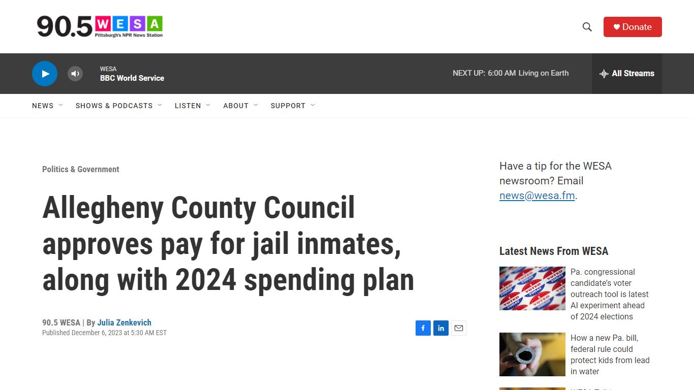 Allegheny County Council approves pay for jail inmates | 90.5 WESA